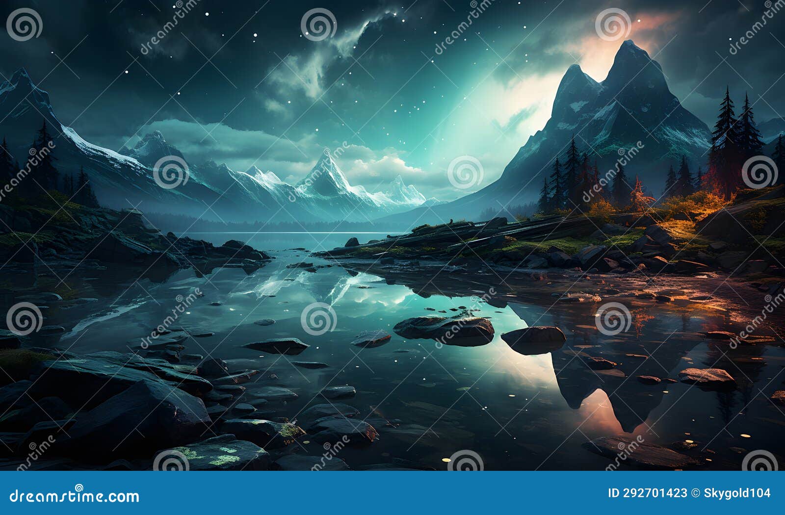 the phenomenon of the northern lights is beautiful and beautiful, shining down from the sky onto the river.ai generated
